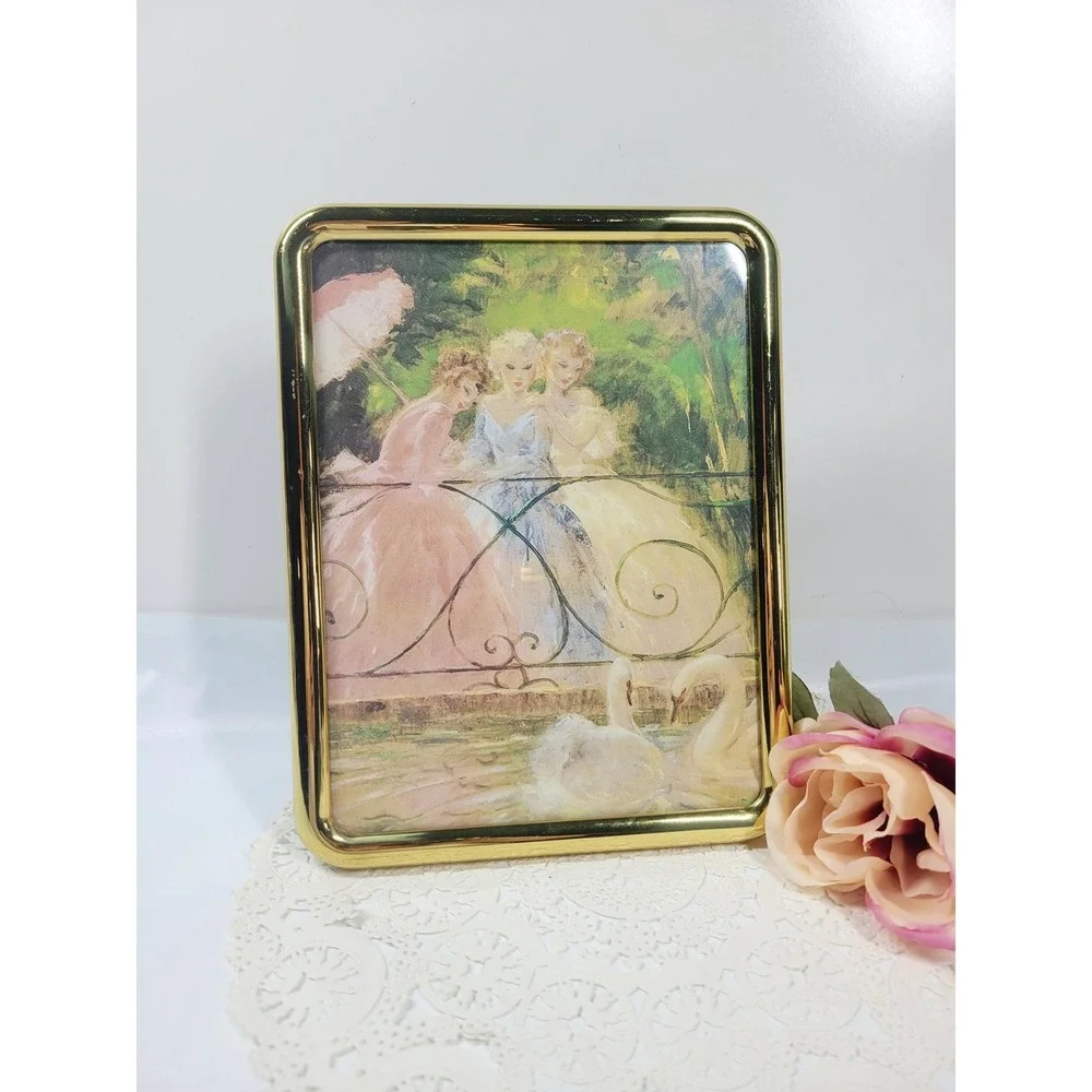 Vintage Brass Burnes 8x10 polished gold photo table top frame swans artwork